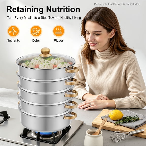 30cm 5-Tier Gold Silver Stainless Steel Stackable Steamer Pot, 2.38 Gallon Large Capacity Steaming Basket with Clear Lid & Anti-Scald Handles, for Dumplings, Meat & Vegetable Cooking