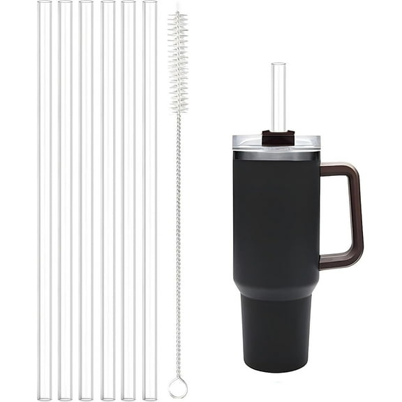 30cm 6 pcs Reusable Straw with Cleaning Brush, Plastic, Clear,Replacement Straw Compatible with Stanley 40 oz 30 oz Cup Tumbler