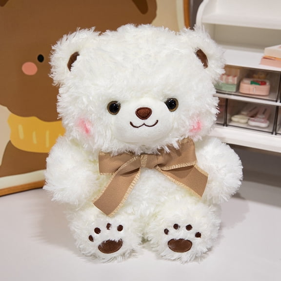 30cm Cute Teddy Bear Plush Toy with Bow Tie, Soft Stuffed Animal in White/Brown for Kids and Gifting