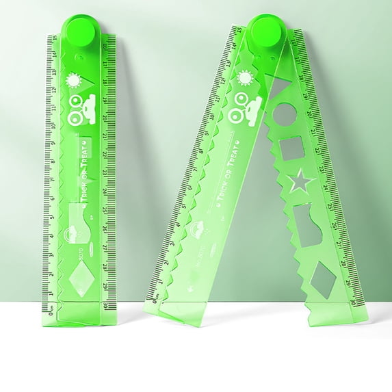 30cm Foldable Flexible Ruler PVC Soft Measuring Tool with Straight Wavy Lines and Shape Templates Portable Folding Ruler for Drawing Green