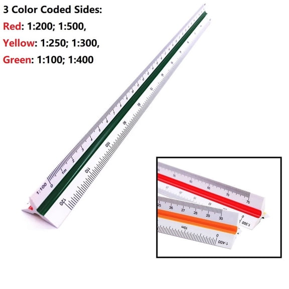 30cm Metric Triangular Scale Ruler with Color Coded Sides, 6 Precision Scales for Architectural, Engineering and Carpentry Drawing, Specialty Plastic Measuring Tool, Red/Yellow/Green