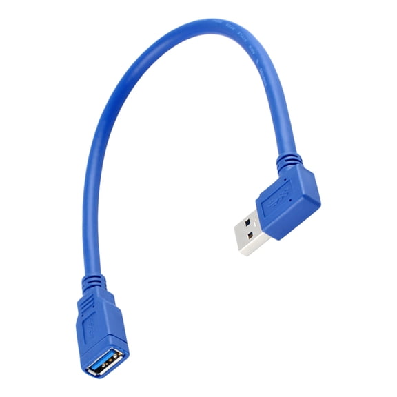 30cm USB-A Male to Female Extension Cable, Blue Cord with Side Bend Plug for Desk Side Device and Port Reach Use