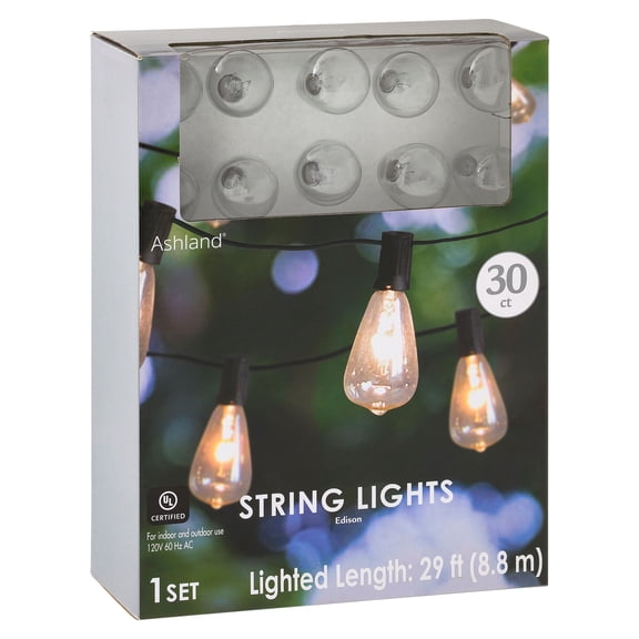 30ct Clear Edison String Lights by Ashland - 30 ft. Total Length Light Bulbs - 120V 60Hz AC - UL certified - Indoor And Outdoor Use - 1 Pack