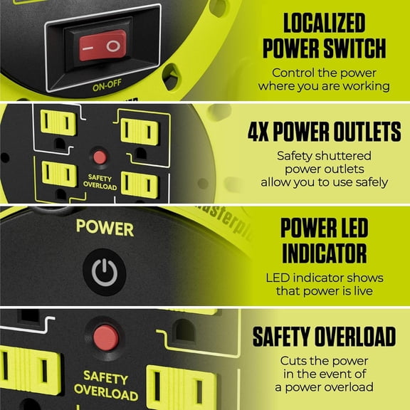 30ft Cassette Cord Reel, Retractable Extension Lead with Winding Handle, Safety Overload Circuit Breaker and Power Switch, 4x Grounded Outlets, 10amps, 16AWG Cable