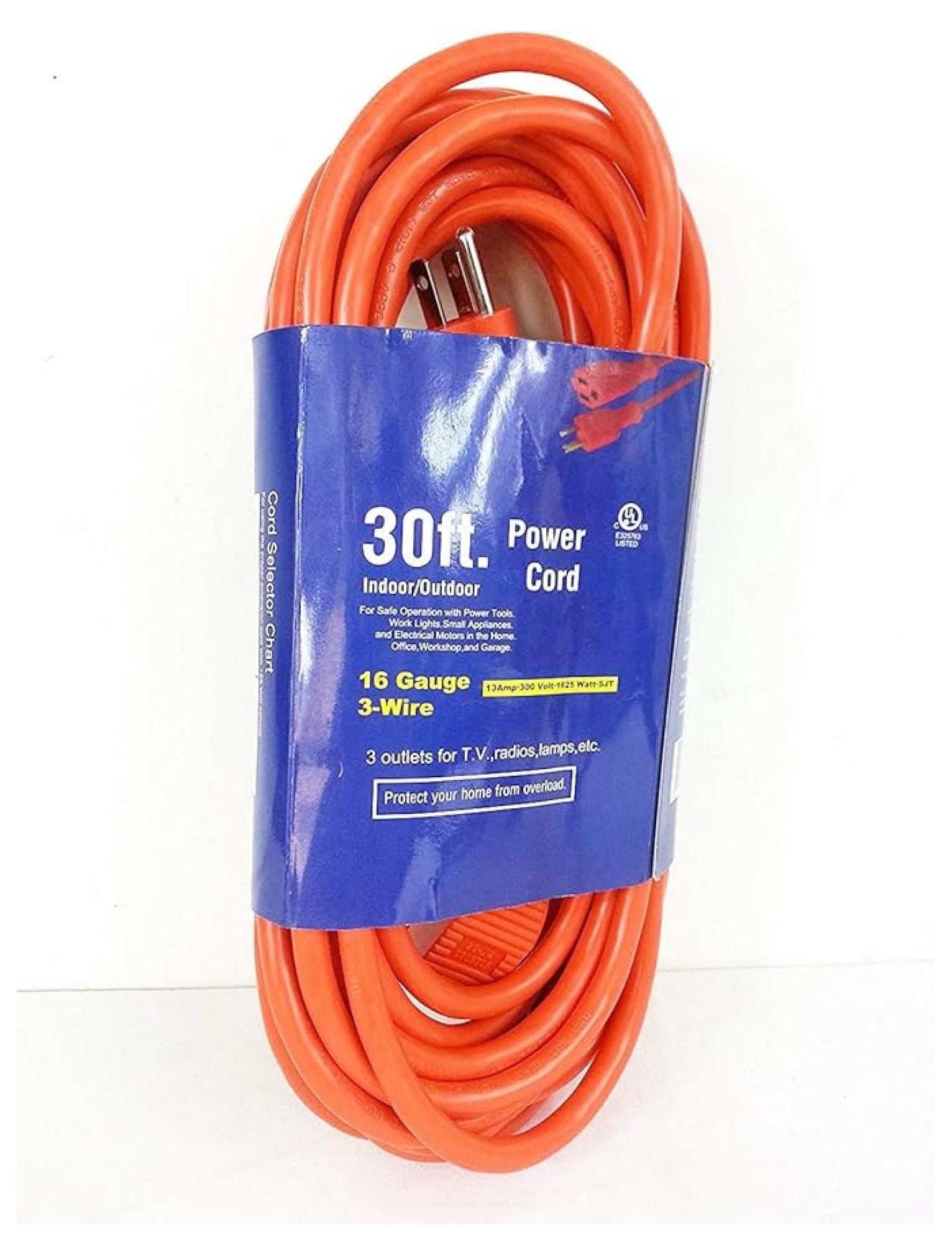 30ft Extension Cord 16/3 SJTW Heavy Duty - Indoor/Outdoor Grounded Power Cable - 13A 1625W 300V Orange UL Listed - General Purpose Multi-Use