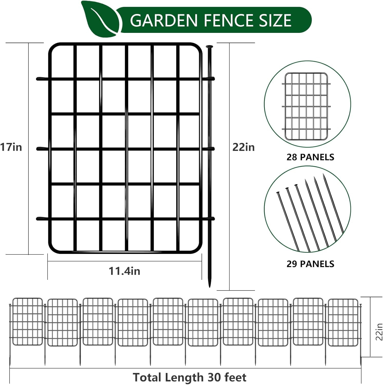 30ft Garden Fence Animal Barrier, 28 Panels Rustproof Metal Decorative Fence with Ground Stake for Dog Rabbit Outdoor Yard