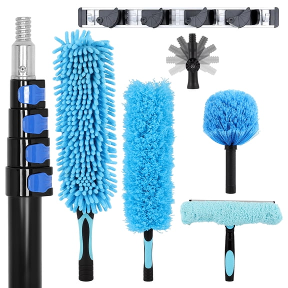 30ft High Reach Duster Kits, High Ceiling Duster for Cleaning High Roof and Glass Surfaces, Cobweb Duster,Ceiling Fan Duster, Window Squeegee & Cleaner (with 5-24ft Heavy Duty Extension Pole)