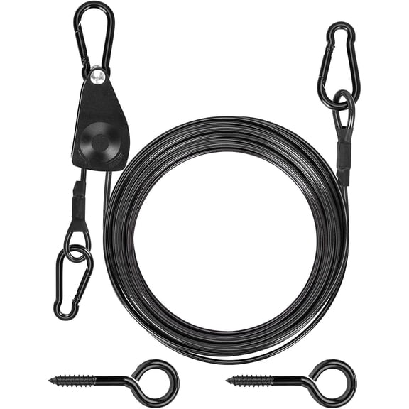 30ft Outdoor Clothesline Kit, 3/16" Black PVC Coated Wire Rope Portable Retractable Clothes Line Kit with Self-Locking Pulley, Screw Hook & Snap Hook for Camping, Backyard, RV, Travel