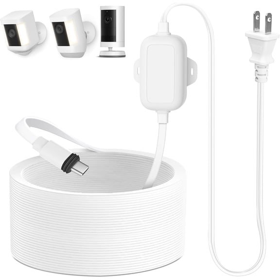30ft Power Adapter Compatible with Spotlight Cam Plus/ (Battery), Long Flat and Weather Resistant Extension Power Cord for Security Camera, White