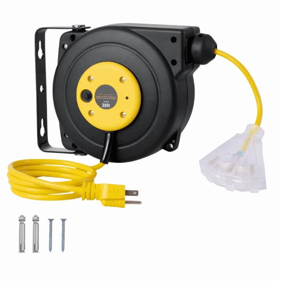 30ft Retractable Extension Cord Reel 16AWG/3C SJTOW Power Cord Yellow