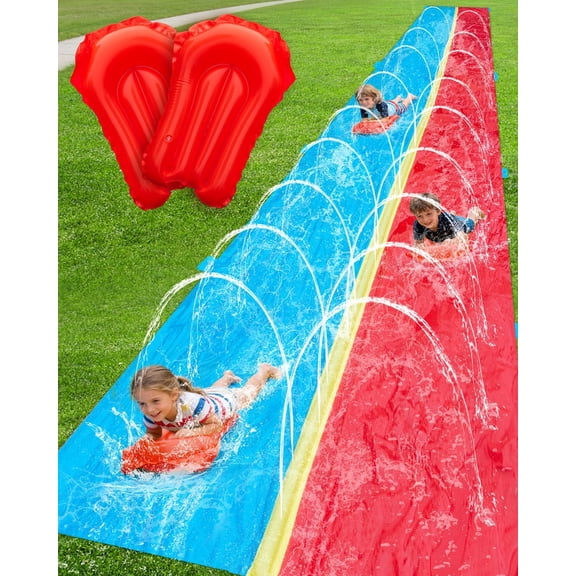 30ft Slip and Water Slide for Kids Backyard, Extra Long 2 Lanes Slip n Water Slide with Sprinkler, Gaint Water Slides with 2 Inflatable Bodyboards Outdoor Fun Summer Water Toys