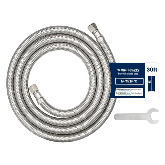 Krydros 30ft Stainless Steel Braided Refrigerator Ice Maker Hose, 1/4" Compression