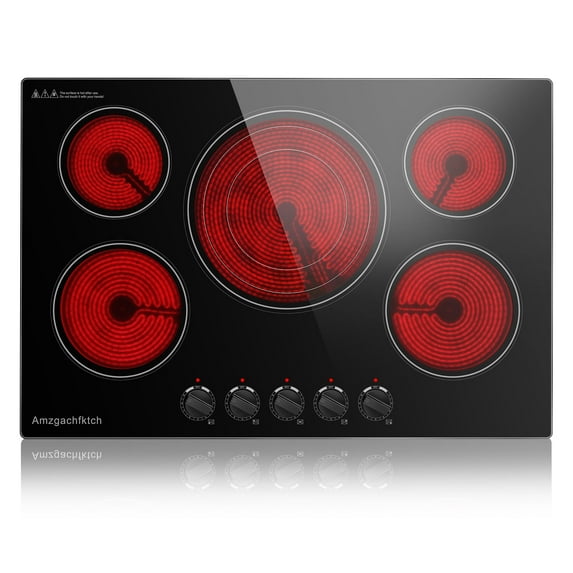 Amzgachfktch 30in 5-Burner Built-In Electric Cooktop - 9000W Stainless Steel Ceramic Stove with Knob Control, Easy Clean & Family-Safe (No Radiation) - Compatible with Range Hoods