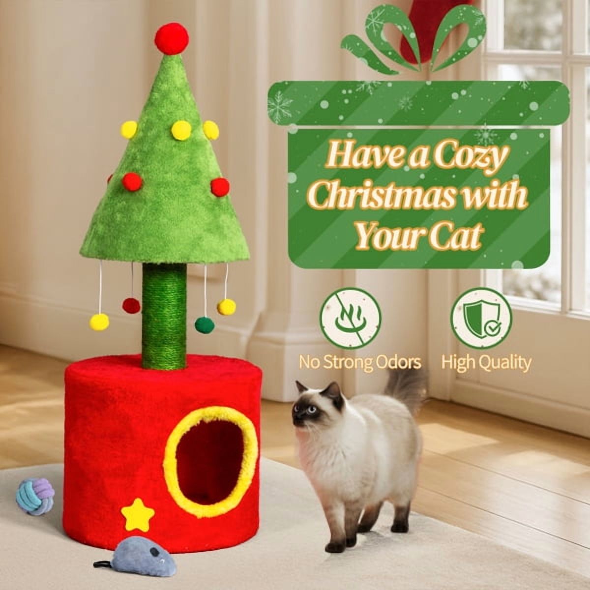 30in Christmas Cat Tree with Cozy Hideaway, Sisal Scratching Post & Hanging Plush Balls, Festive Home Decor for Kittens