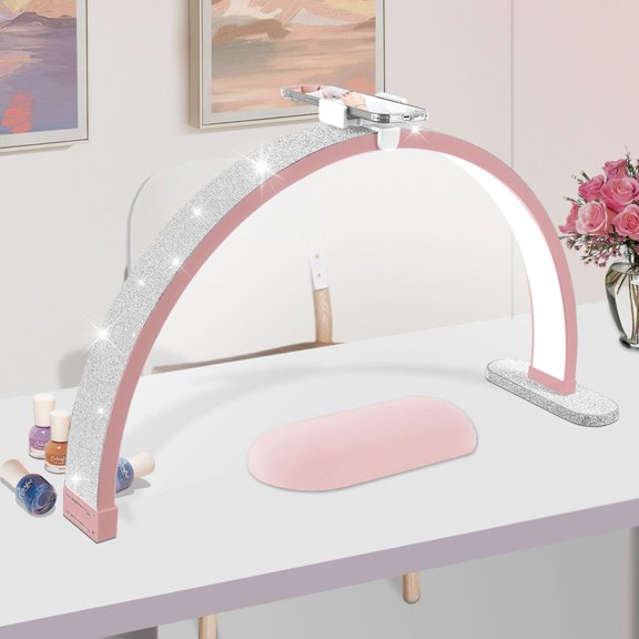 30in Half Moon Light for Nail Desk, Touch Control Nail Light for Desk, Moon Light Nail Tech with Phone Holder, Nail Table Lamp Adjustable Brightness and Color Temperature E22