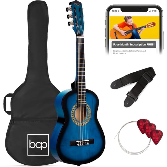 30in Kids Acoustic Guitar, All-in-One Beginner Starter Kit w/Strap, Case, Extra Strings, Rosette Inlay - Blueburst