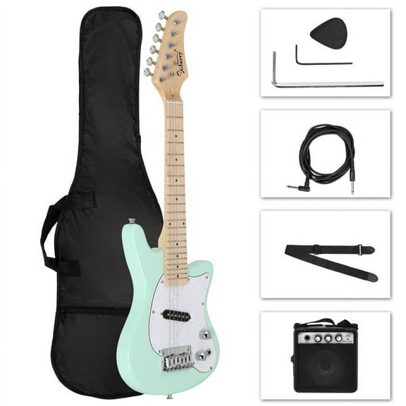 30in Maple Fingerboard Mini Electric Guitar Kit with 5W Amplifier Bag String Shoulder Strap Plectrum Cord Wrench Tool Light Green