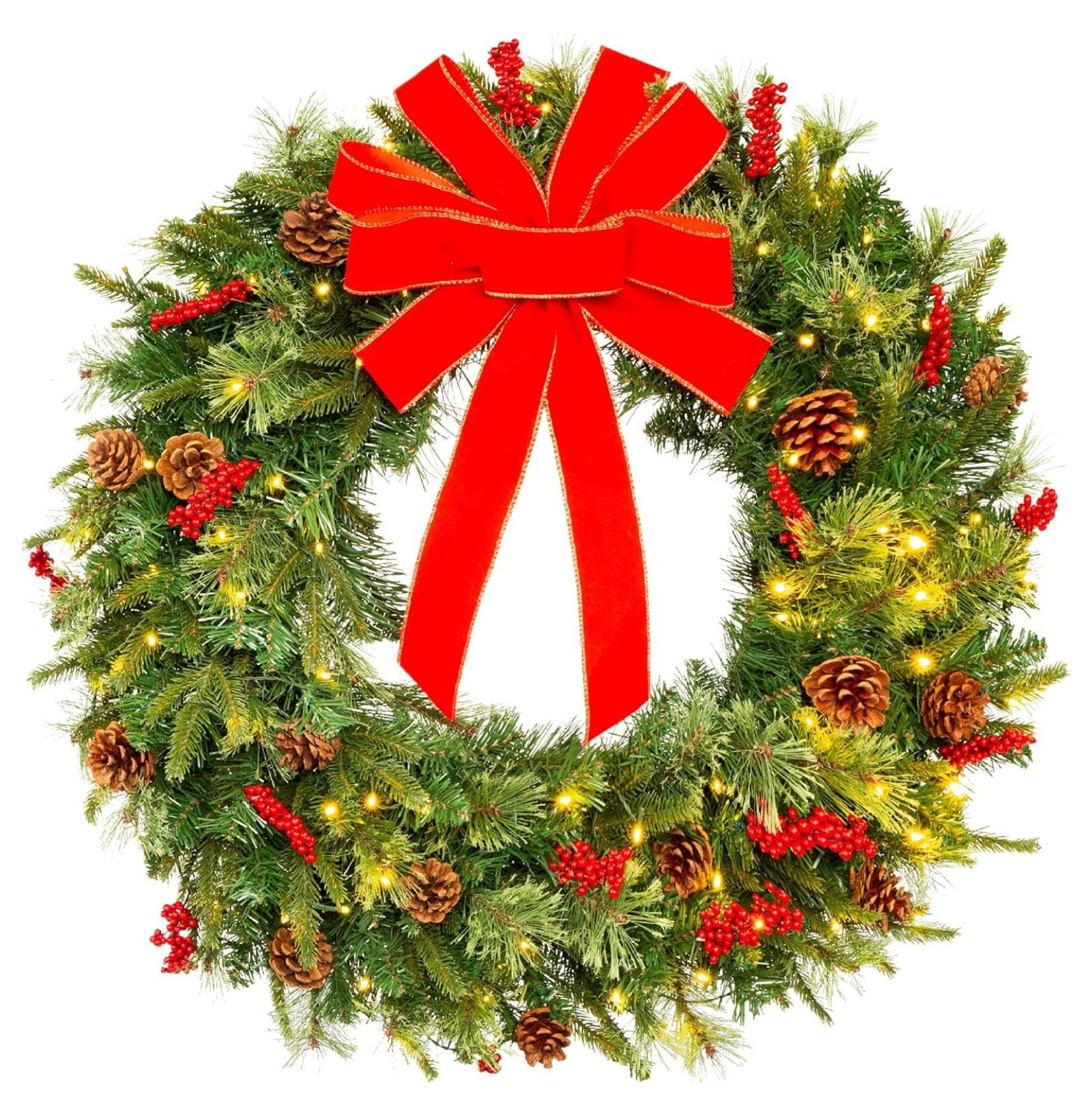 30" Green Pre-Lit Christmas Wreath with Red Ribbon and Pinecones