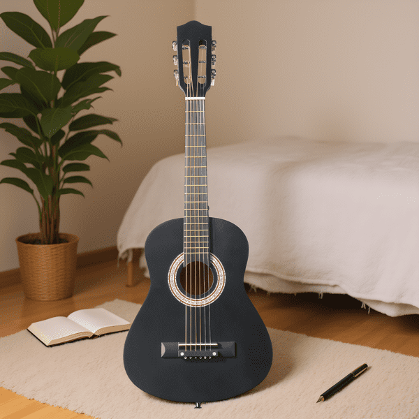 30in Round Acoustic Guitar with Picks, Strings, Capo, Case, Tuner, and Strap (Matte Black)