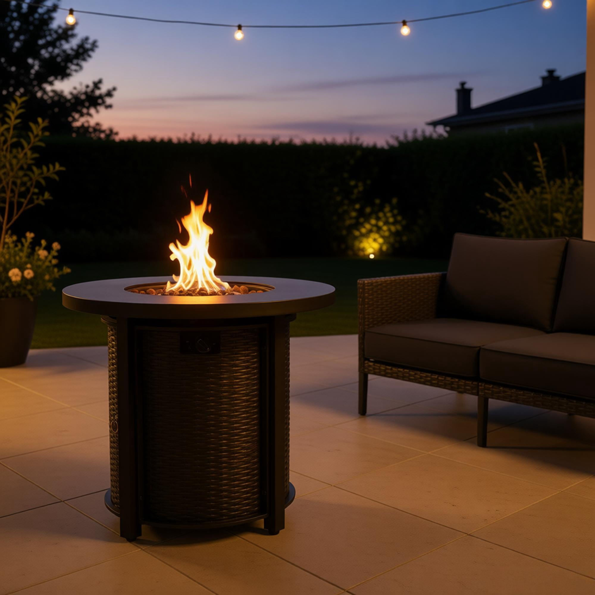 30In Propane Fire Pit Table 40000BTU Round Steel Patio Heater Electronic Ignition Lid Lava Rocks Included Outdoor Backyard Deck Garden Adjustable Flame Black Rattan Pattern 20SqFt Heating