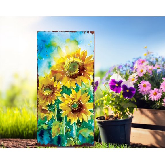 Summer Sunflower Garden Stake | Hand-Painted Watercolor Yard Art Decor