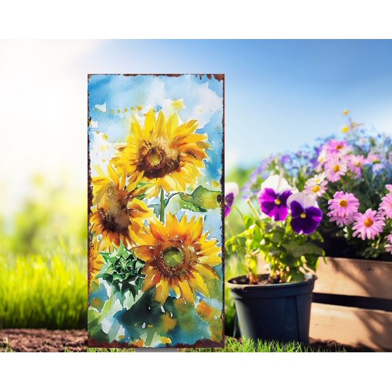 Summer Sunflower Garden Stake | Watercolor Style Outdoor Yard Decor