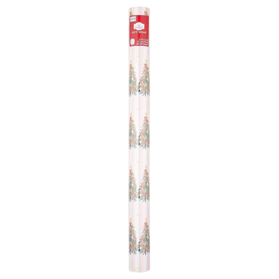 Multicolor Vintage-Style Christmas Trees on Stripes Wrapping Paper, 160 sq ft, by Holiday Time