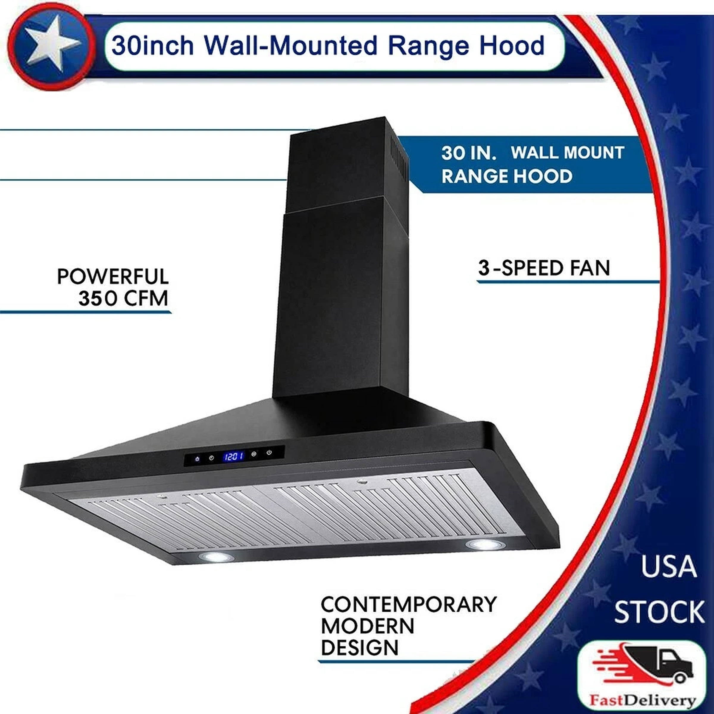 30in Wall Mount Range Hood 3-Speed Touch Control 350CFM Vented Black Easy Clean