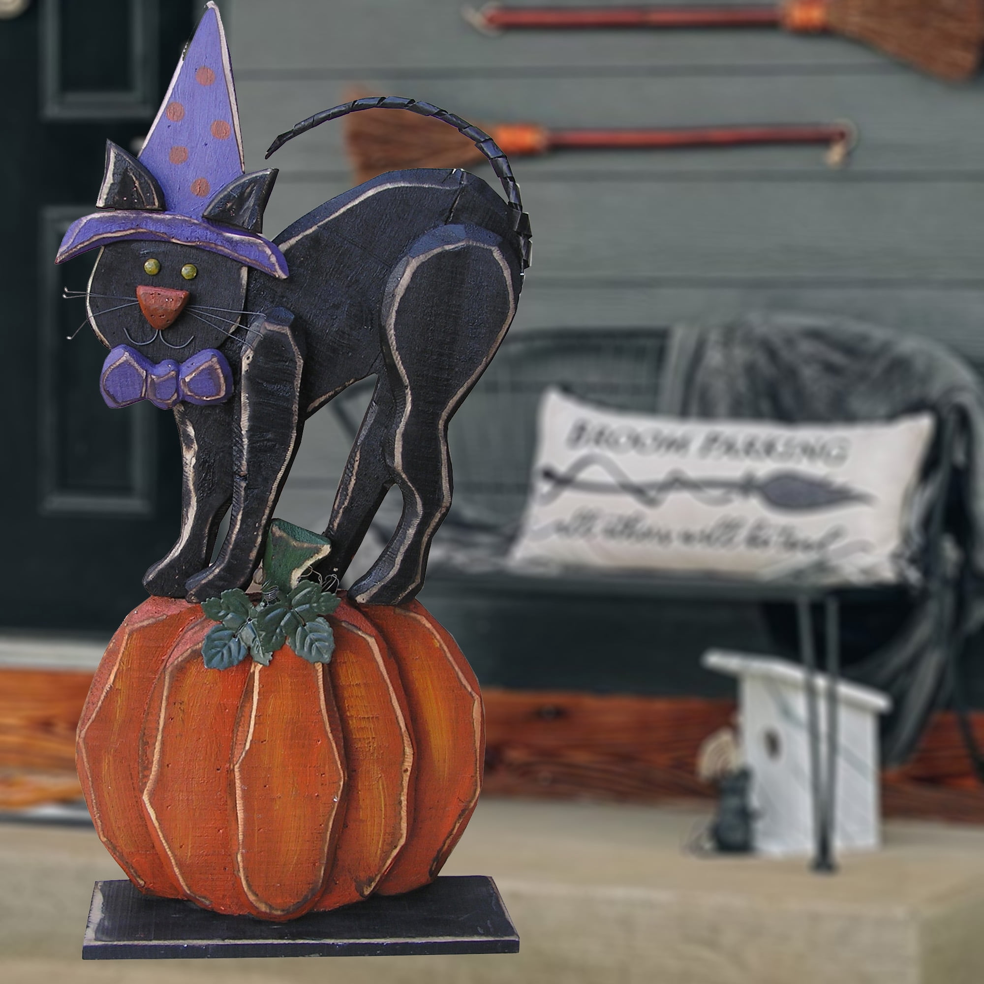 30in Wooden Black Cat on Pumpkin Halloween Decor Indoor Outdoor Use