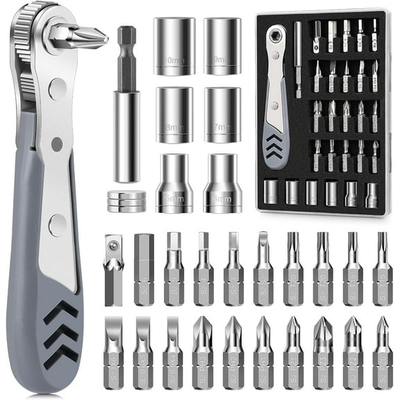 30in1 Right Angle Screwdriver, 36-Tooth Mini Ratchet Wrench, Angle Screwdriver for Tight Spaces, Low Profile Offset screwdrivers, Magnetic Ratchet Screwdrivers Repair Tool