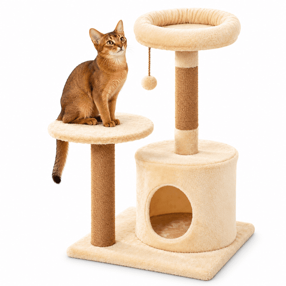 30inch Small Cat Tree Tower with Wide Top Perch, Cat Condo and Sisal Scratching Posts for Indoor Cats, Beige
