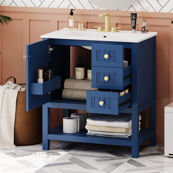 30inch Transitional Vanity For Bathroom. Blue Finish. Solid Wood & . Ceramic Sink. Multifunctional Storage With 2 Drawers And Cabinet. Soft Close Hinges 30" Bathroom + Rectangular Functional Spaces.