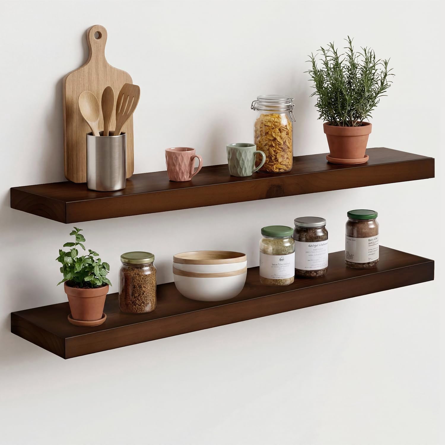 30inch Walnut Floating Shelves For Wall Mounted  High End Solid Real Wood 30 In Shelf Dark Brown Wooden 30 Inch Long Heavy Duty Bracket 30 X 6.5 1.75 Set Of 2