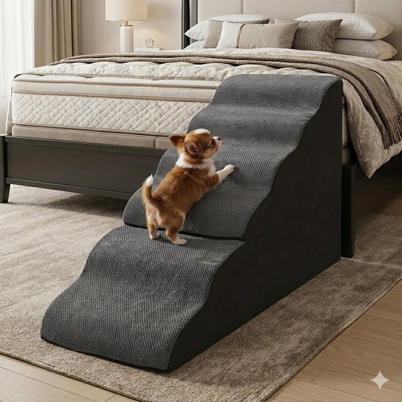 30inches Tall Dog Stairs for High BedsDoggie Ramp for Bed, 30D Foam Pet Stairs for Old Dogs/Cats, 6-StepFree-Installation, largeGrey