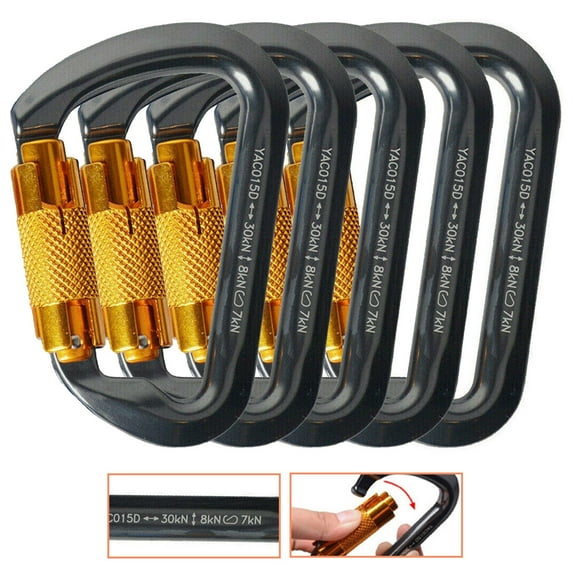 30kN Auto Locking Climbing Carabiner Clips, Heavy-duty Aluminum Screw Carabiner D-Shaped for Camping, Hiking, Hammock (5pcs)