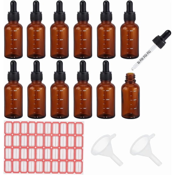 30ml 12pcs Glass Bottles with Droppers Glass Dropper Bottle Brown Dropper Bottles with Labels and Funnel Glass Tincture Bottles with Graduated for Essential Oils Perfumes Aromatherapy
