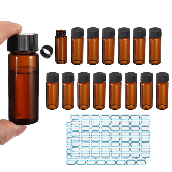 30ml Amber Glass Vials, 15 Pack Sample Vials with Screw Cap Reagent Media Bottle with Labels Leak-Proof Liquid Sample Glass Vial for Lab Laboratory