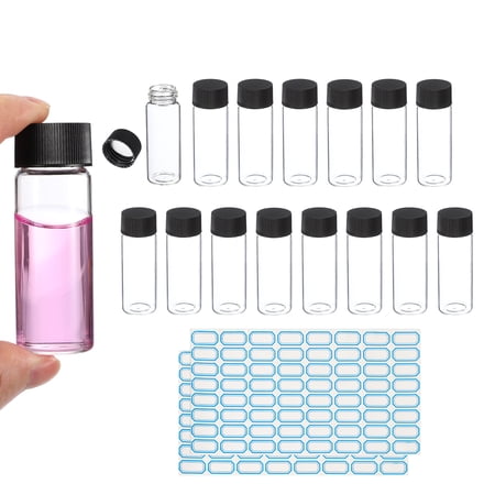 30ml Clear Glass Vials, 15 Pack Sample Vials with Screw Cap Reagent Media Bottle with Labels Leak-Proof Liquid Sample Glass Vial for Lab Laboratory