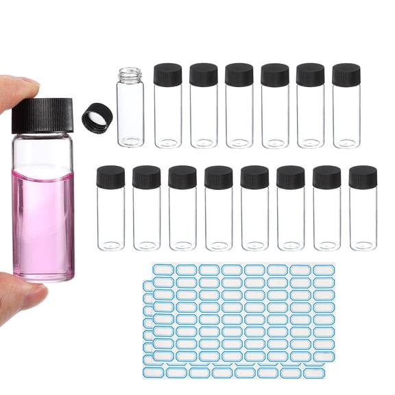 30ml Clear Glass Vials, 15 Pack Sample Vials with Screw Cap Reagent Media Bottle with Labels Leak-Proof Liquid Sample Glass Vial for Lab Laboratory