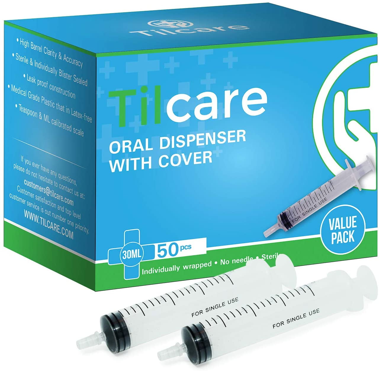 30ml Oral Dispenser Syringe with Cover 50 Pack by Tilcare - Luer Slip Sterile Plastic Medicine Food Droppers for Children, Pets & Adults Latex-free Medication Dispenser - Large Feeding Tube Syringes