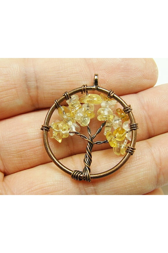 30mm Citrine Tree Of Life Brass Wire Pendant ForJewelry Making