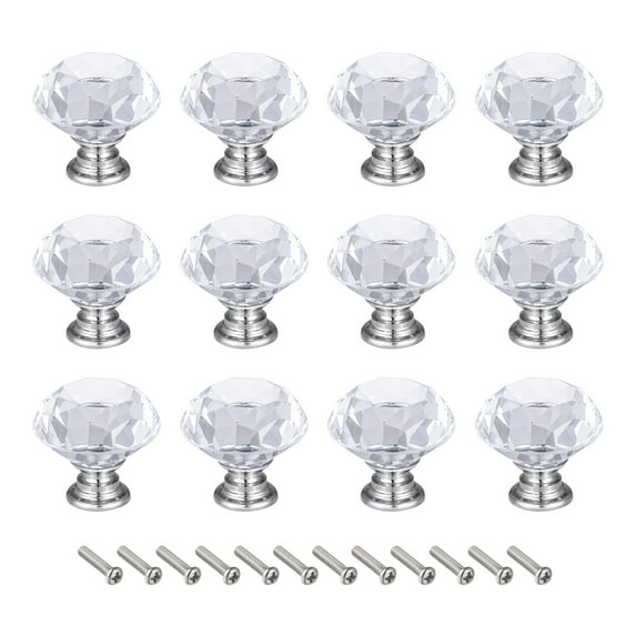 30mm Crystal Knobs Drawer Diamond Shaped Transparent 12 Pack