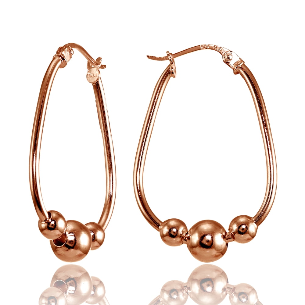 30mm Rose Gold Flashed Sterling Silver Polished Beaded Hoop Earrings