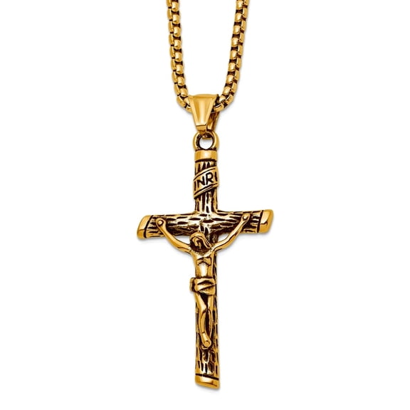 30mm Stainless Steel Oxidized Polished Yellow Ip Inri Crucifix Necklace 22 Inch Pendant Necklace for Women