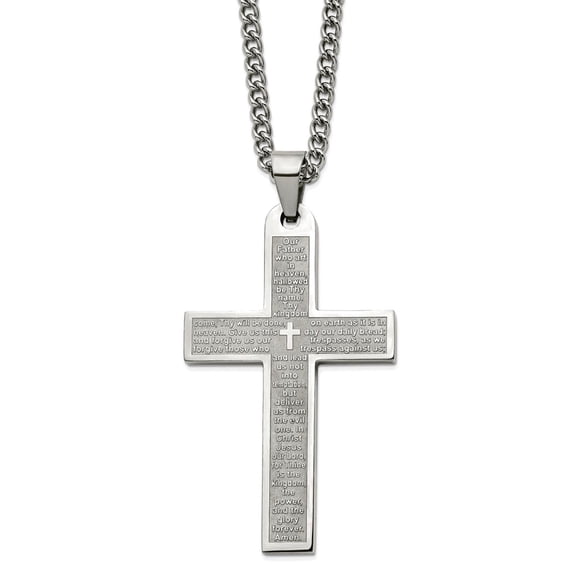 30mm Stainless Steel Polished Lords Prayer Religious Faith Cross Pendant a Curb Chain Necklace 24 Inch Chain Necklace fo