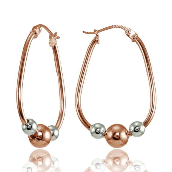 30mm Sterling Silver Two-Tone Rose Polished Beaded Hoop Earrings