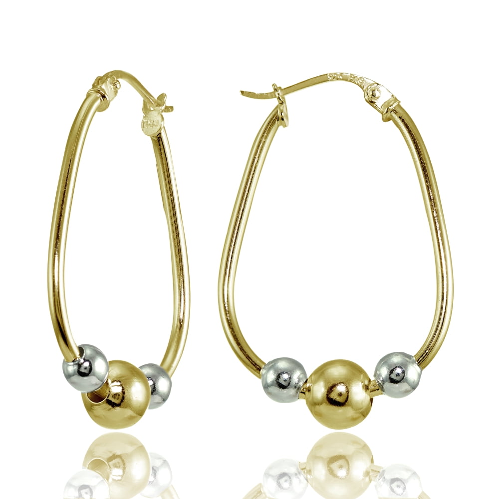 30mm Yellow Gold Flashed Sterling Silver Two-Tone Polished Beaded Hoop Earrings