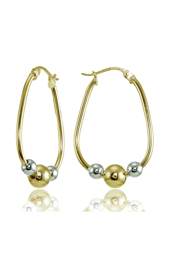 30mm Yellow Gold Flashed Sterling Silver Two-Tone Polished Beaded Hoop Earrings