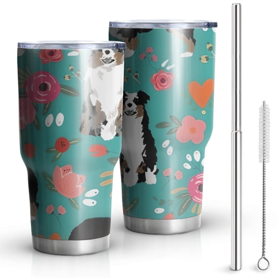 30oz Australian Shepherd Floral Tumblers Stainless Steel Tumbler with Lid and Straw,Vacuum Insulated Double Wall Travel Tumbler Cups Mug with Cleaning Brush for Coffee,Tea