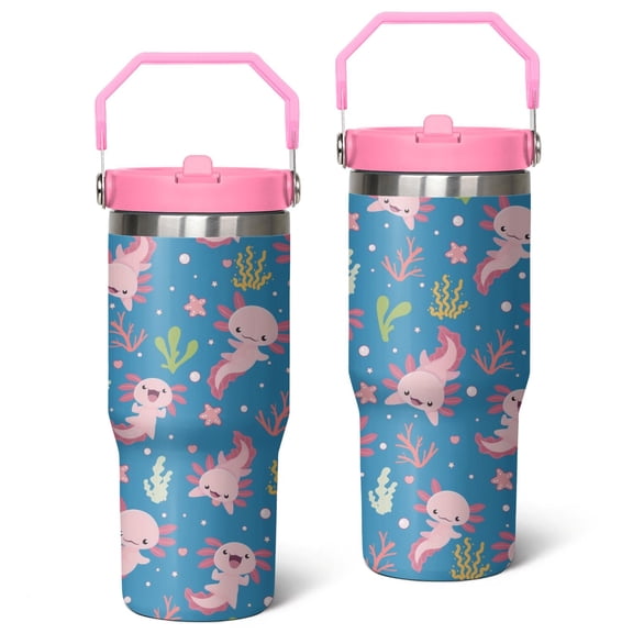 30oz Axolotl Stainless Steel Tumbler with Top Handle,Cute Ocean Life Travel Coffee Mug Flip Straw Cup,Gifts for Women Girls Men Adults(pink)